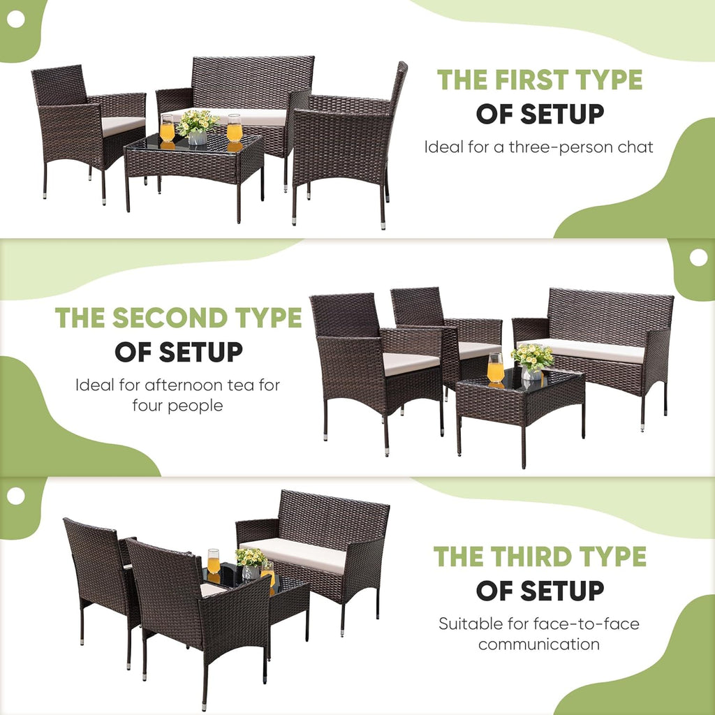 Patio Furniture 4 Pieces Conversation Sets Outdoor Wicker Rattan Chairs Garden Backyard Balcony Porch Poolside