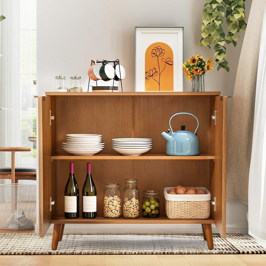 Fluted Brown Wood Sideboard Buffet Storage Cabinet with Doors | Adjustable Shelf, Modern Accent Table, Sturdy Frame