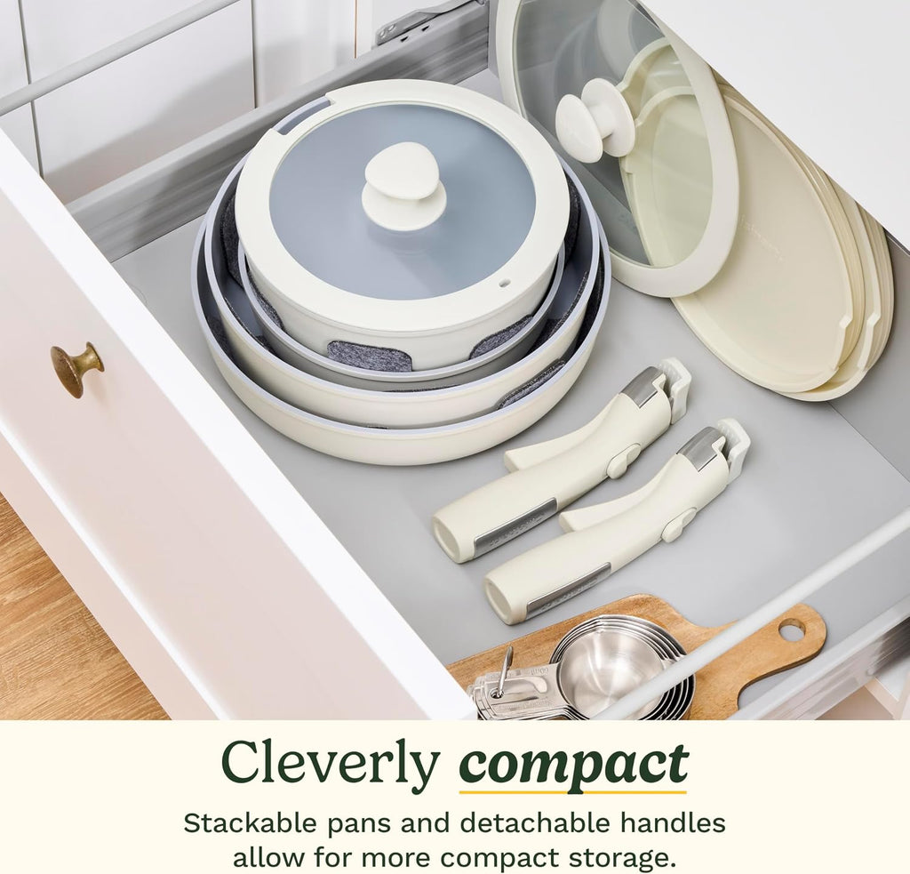 13-Pc ClickSmart Nonstick Detachable Handle Ceramic Cookware, Pots and Pans Set, Stackable Space-Saving Design