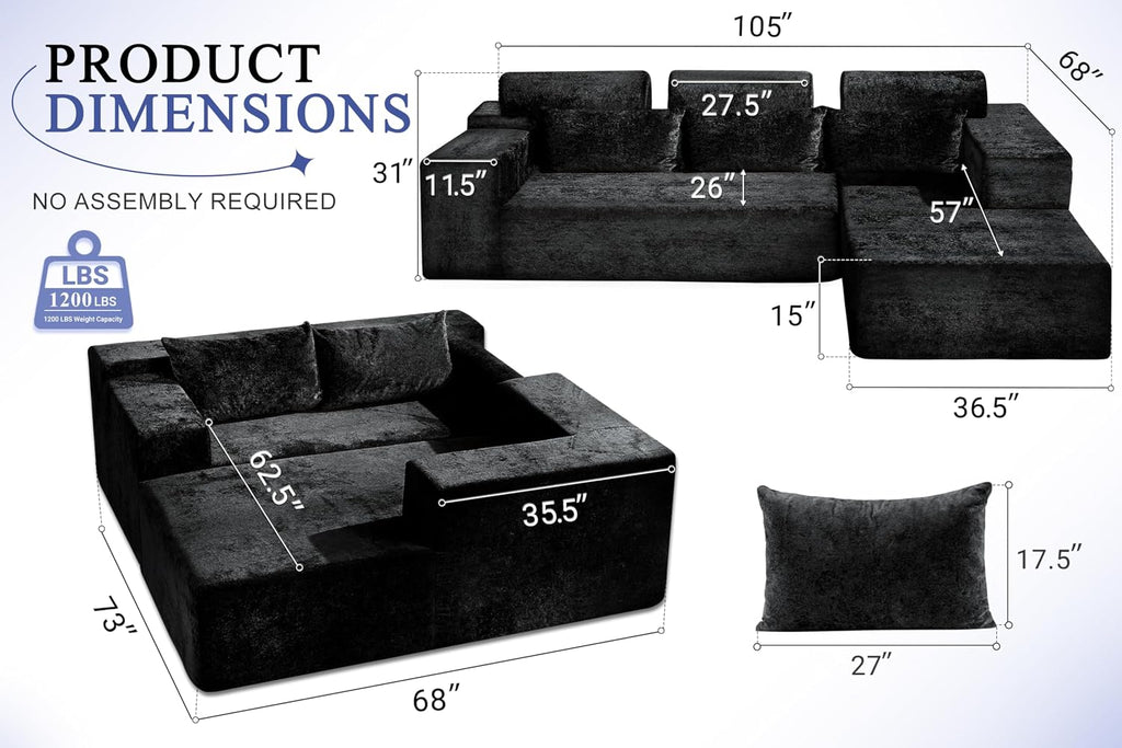 105" L-Shape Modular Sectional Sofa Couch ,No Assembly Required,Modular Comfy Sofa with Deep Seat Bedroom,Luxury