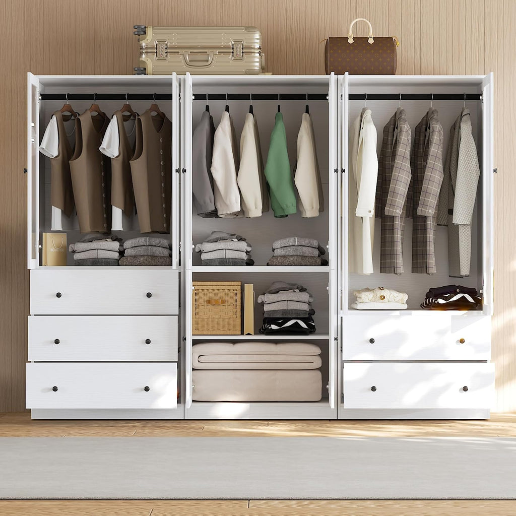 20"D Armoire Wardrobe Closet with Fluted Glass Door, 71" H Clothing Storage Cabinet with 8 Drawers, Hanging Rod, 4