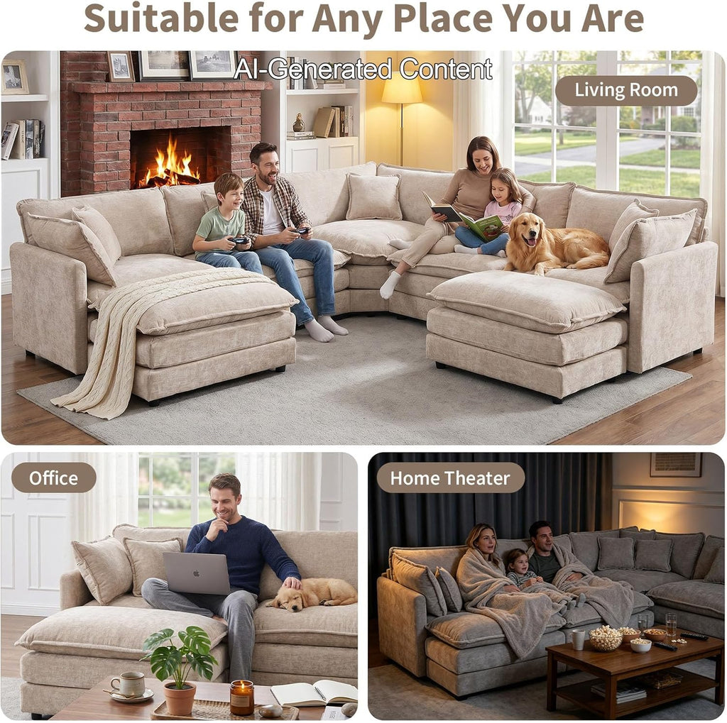 Cloud Couch Oversized Modular Sectional Sofa , Modern Chenille 7 Seater Corner Sofa with Deep Seat, Large U-Shaped