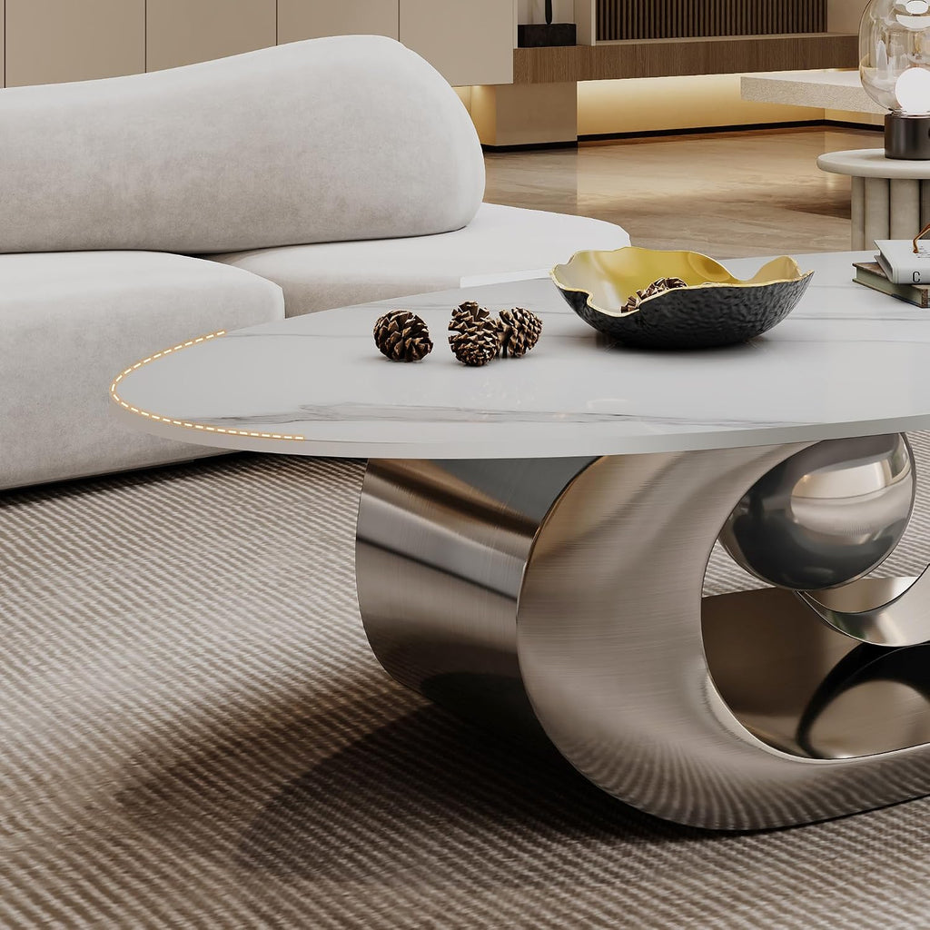 Modern Oval Coffee Table Luxury Sintered Stone Top Coffee Table with Sculptural Geometric Stainless Steel Base,Mid-Cen