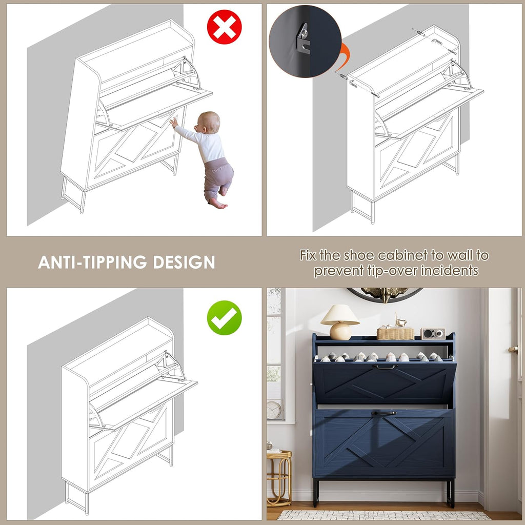 Shoe Storage Cabinet, Shoe Cabinet with 2 Flip Drawers, Narrow Shoe Rack Cabinet, Farmhouse Slim Shoe Cabinet Storage