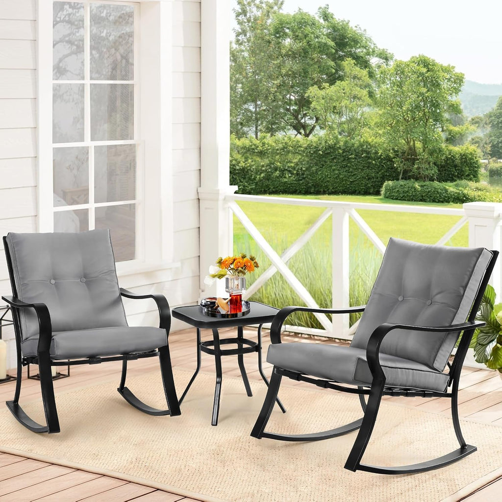 3-Piece Outdoor Rocking Chairs Bistro Set, Black Iron Patio Furniture with Gray Thickened Cushion & Glass-Top Coffee