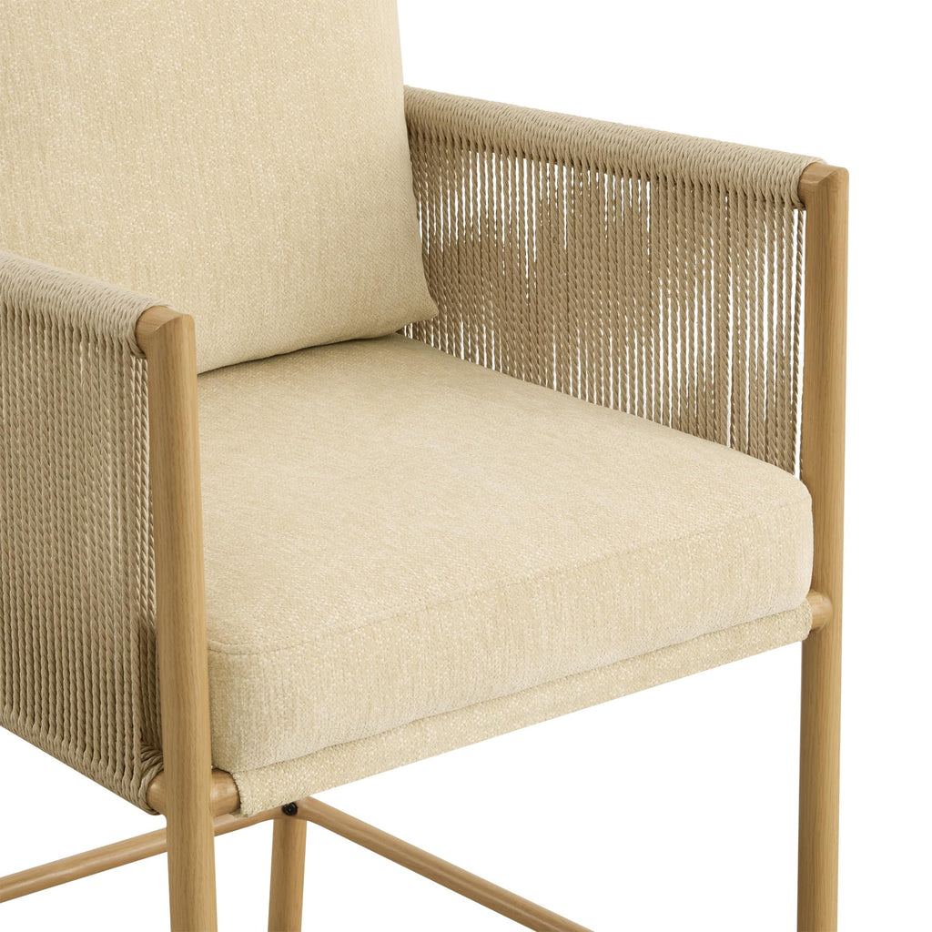 Boho Rope Counter Height Bar Stools Set of 2, Modern Upholstered Bar Stools with Handwoven Rope Armrests, Metal Frame