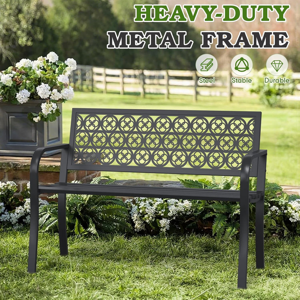 44" Outdoor Garden Bench, Iron Metal Frame Patio Bench with Backrest and Armrests, Weatherproof Anti-Rust Outdoor