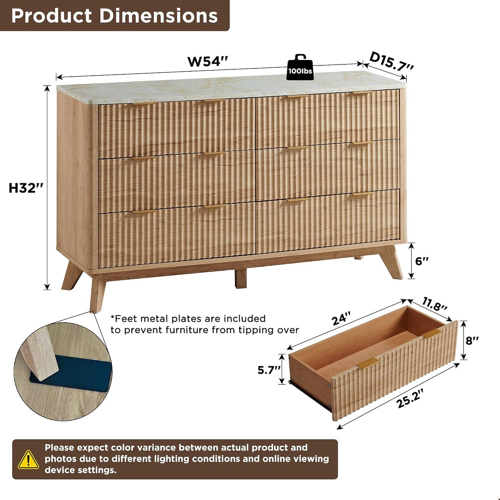 54" Wide Fluted 6 Drawer Dresser , Natural Oak | Mid Century Modern, Faux Marble Top, Curved Profile, Metal Handles