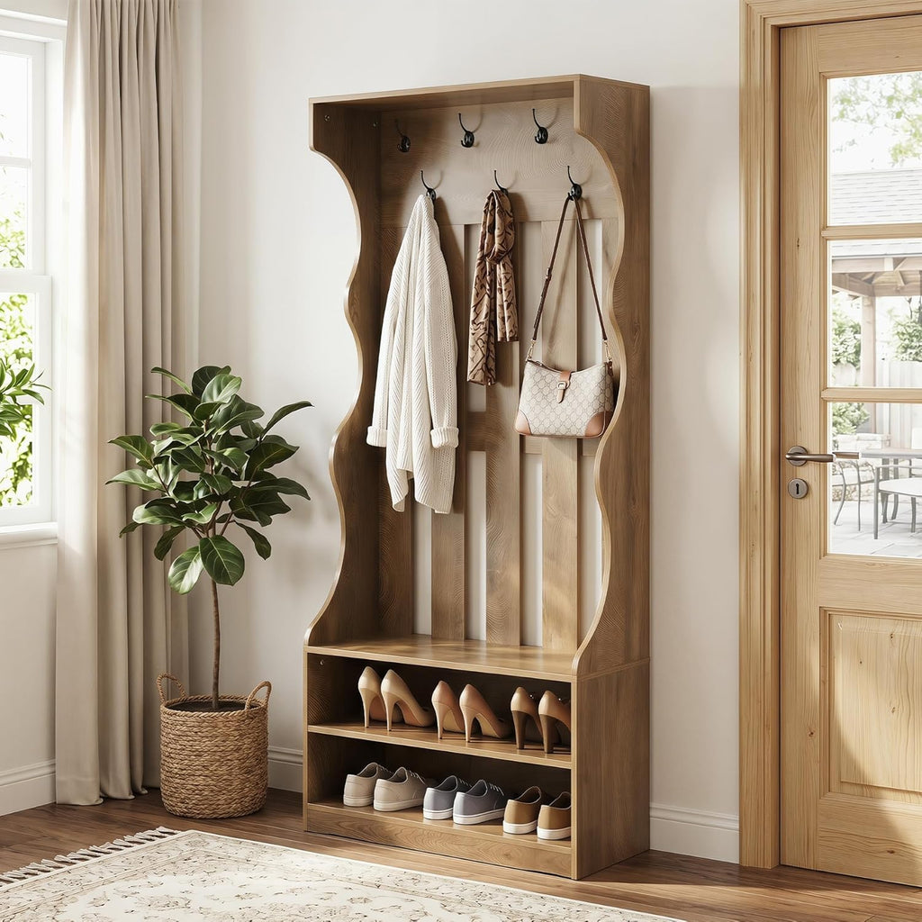 3-In-1 Coat Rack with Shoe Bench, 70.9" Tall Hall Tree with 7 Hooks, Farmhouse Entryway Coat Rack with 2 Tier Shoe