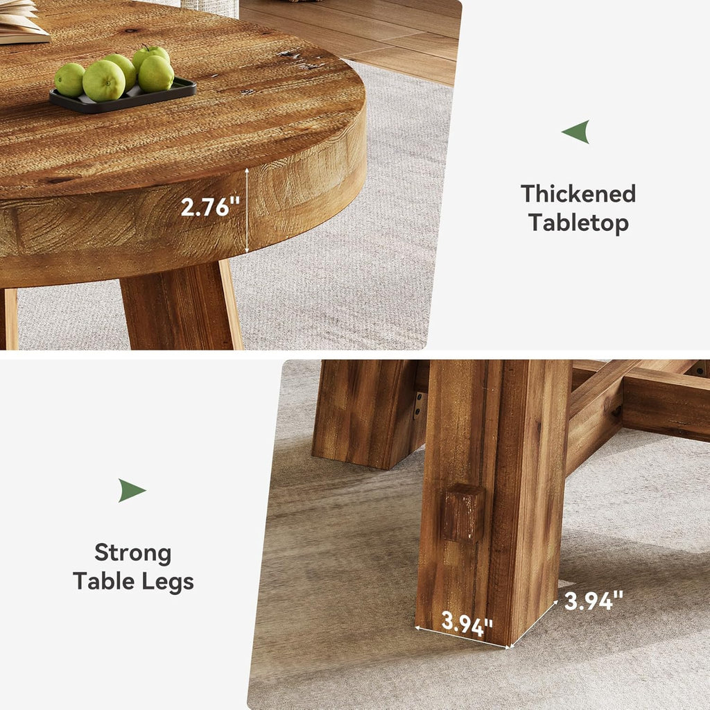 31.5-Inch Round Coffee Table, Solid Wood Center Table with Thickened Tabletop, Small Space (Rustic Brown)