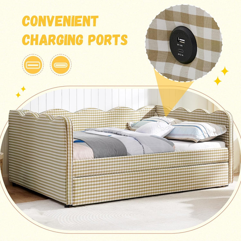 Full Size Gingham Daybed with Trundle and USB Ports | Upholstered Daybed Living Room Guest Room-Brown