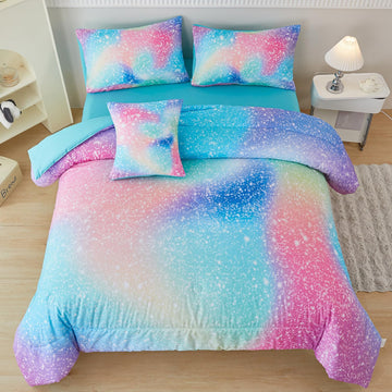 Pink Green Girls Comforter Set, 6 Pieces Colorful Rainbow Kids Bedding Sets, Tie Dye Ombre Glitter Bed in A Bag