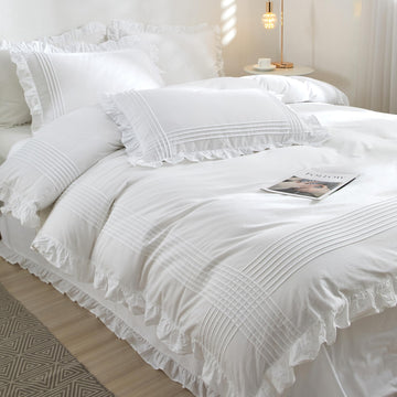 White Ruffle Duvet Cover 3 Pieces, 100% Cotton Bedding, 90x90