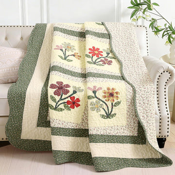 100% Cotton Quilted Throw Blanket 50x60 Inch Floral Embroidered Reversible Patchwork All Season Throw (Green