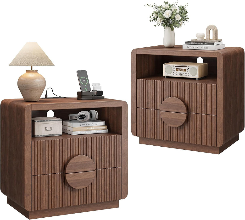 23" Wide Fluted Nightstands Set of 2, Mid Century Bedside Tables with Charging Station, Wood End Table with 2 Drawers