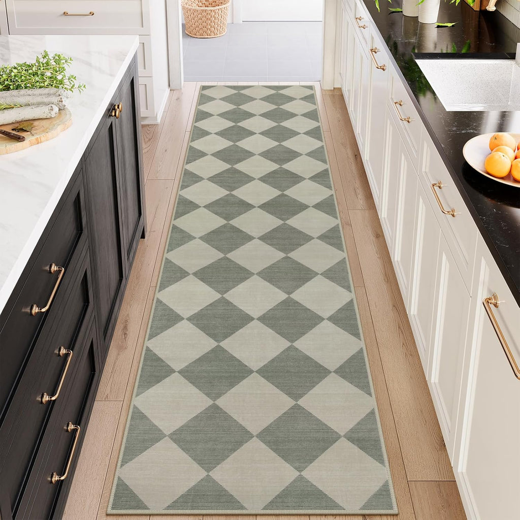 Checkered Print Rug Runners for Hallways 2.5x10, Green Kitchen Runner Rugs Non Skid Washable Ultra T