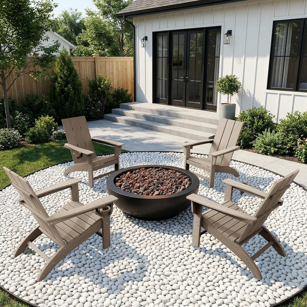 Modern Adirondack Chair with Cup Holder, HDPE Plastic Patio Chairs | Wood Texture Outdoor Chairs, Lawn Chairs for