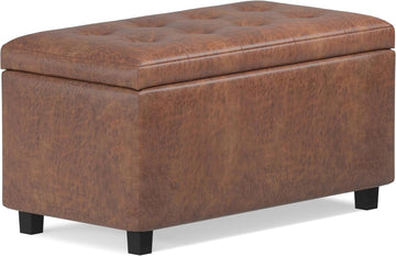 Cosmopolitan 34" Wide Vegan Leather Storage Ottoman in Brown | Distressed saddle brown, transitional storage ottoman