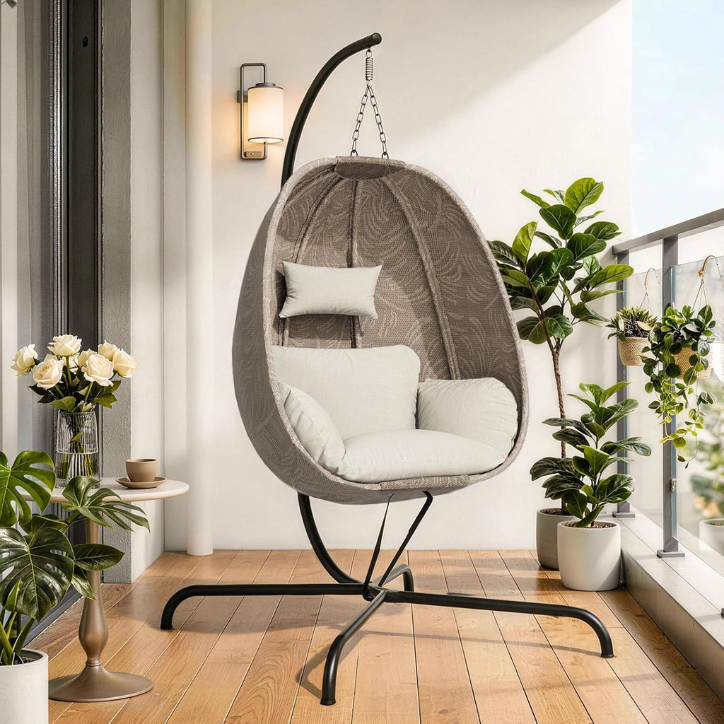 Foldable Egg Chair with Stand, 485LBS Capacity Textilene Hammock Swing Chair for Outdoor & Indoor, Patio Hanging