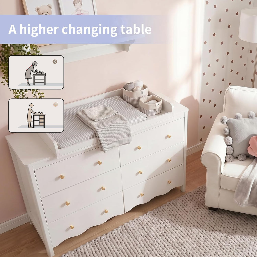 Nursery Dresser with Baby Changing Table White | Wooden Dresser Kids Dresser with 6 Drawer Dresser Baby Dresser