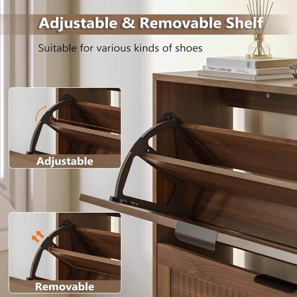 Shoe Cabinet with 3 Flip Drawers, Slim Wooden Shoe Storage Organizer with Modern Fluted Pannel,Freestanding Narrow
