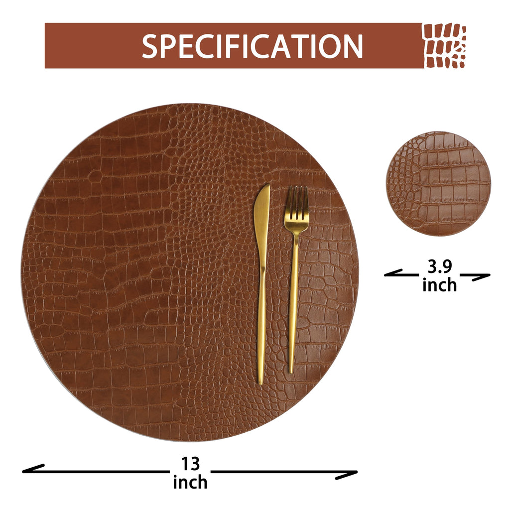 Round Leather Placemats for Round Tables Set of 4, Brown Table Place Mats and Coasters, Washable Easy to Care for