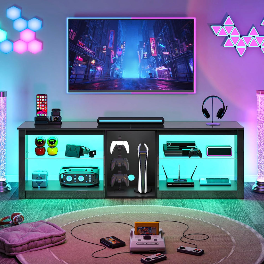 Modern 63 inch TV Stand with LED Lights for 50 55 60 65 70 75 inch TVs, High Gloss Entertainment Center for PS5, TV