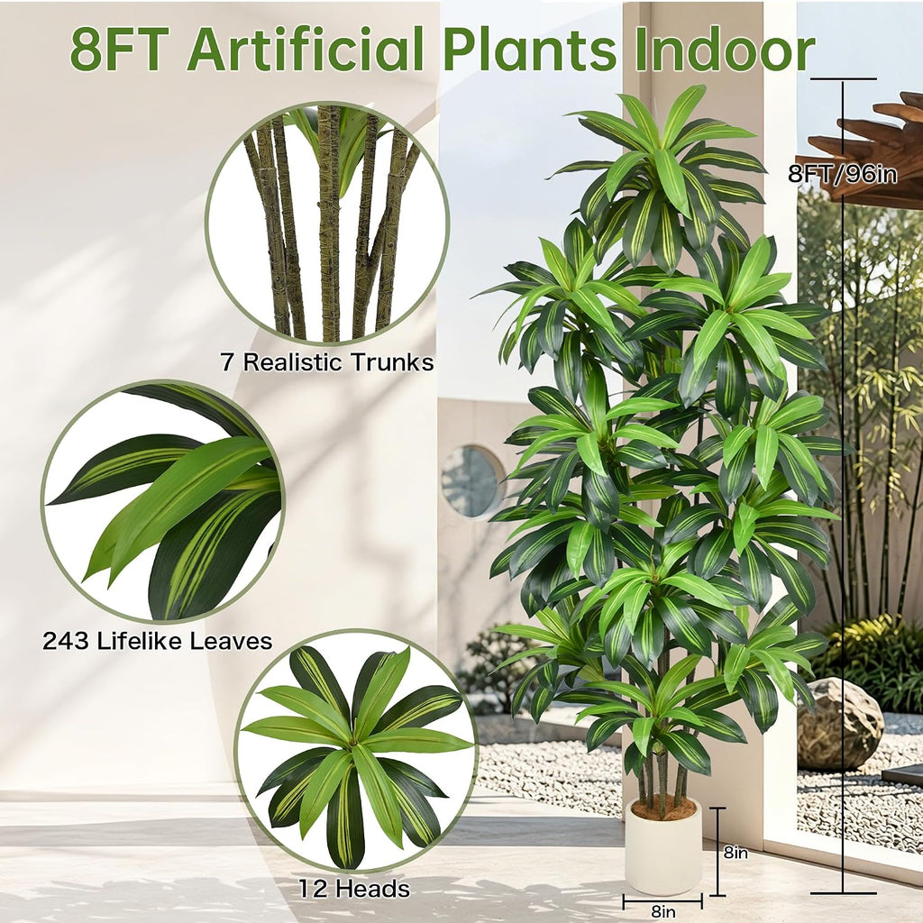 8FT Artificial Dracaena Floor Tree, Large Potted Faux Tropical Plant with Realistic Green Leaves, Tall Indoor