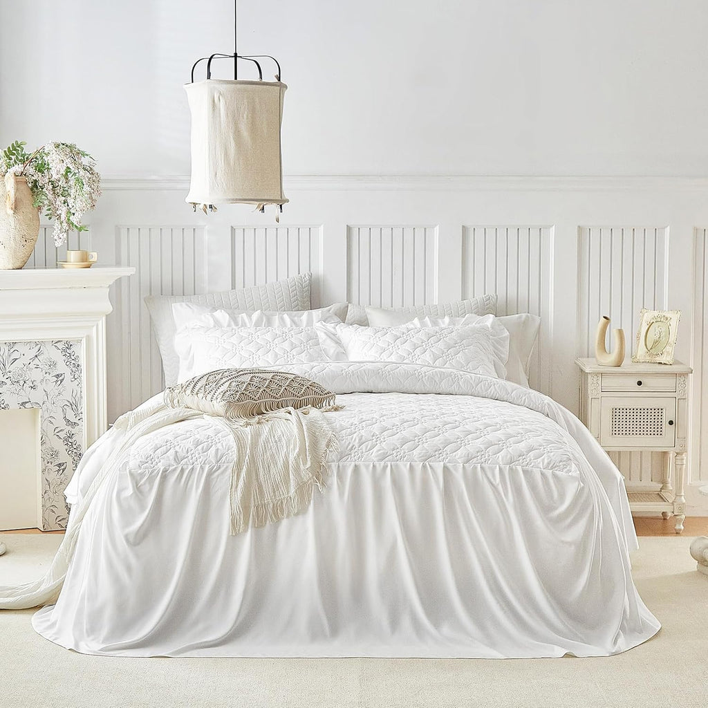 Ruffle Skirt Bedspread Set Flower Style - 30" Long Drop - Vintage Chic Ruffled Summer Bed Spreads Quilt Coverlet Boho