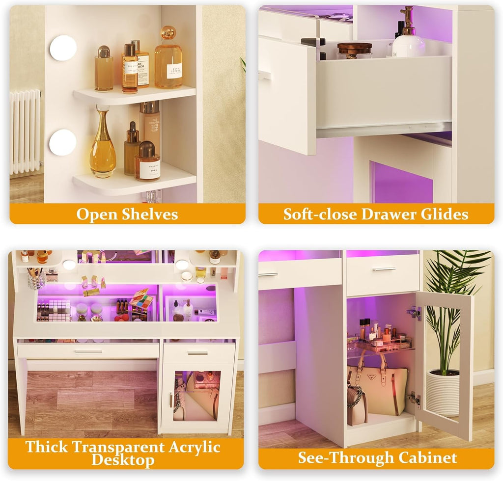 Vanity Desk with Mirror and Lights, Makeup Vanity Desk with Lights 3 Colors, Transparent Top Vanity with 2 RGB