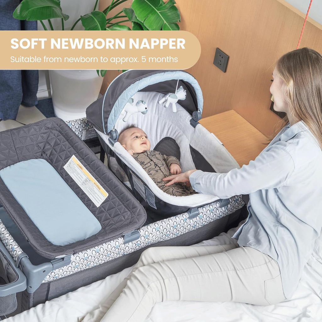 5 in 1 Multifunctional Pack and Play, Foldable Baby Crib with Bassinets,Changing Table,Newborn Napper with