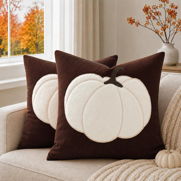 Fall Pumpkin Throw Pillow Covers 20x20 Set of 2, Soft Corduroy Decorative Pillow Covers with Plush Faux Fur Pumpkin
