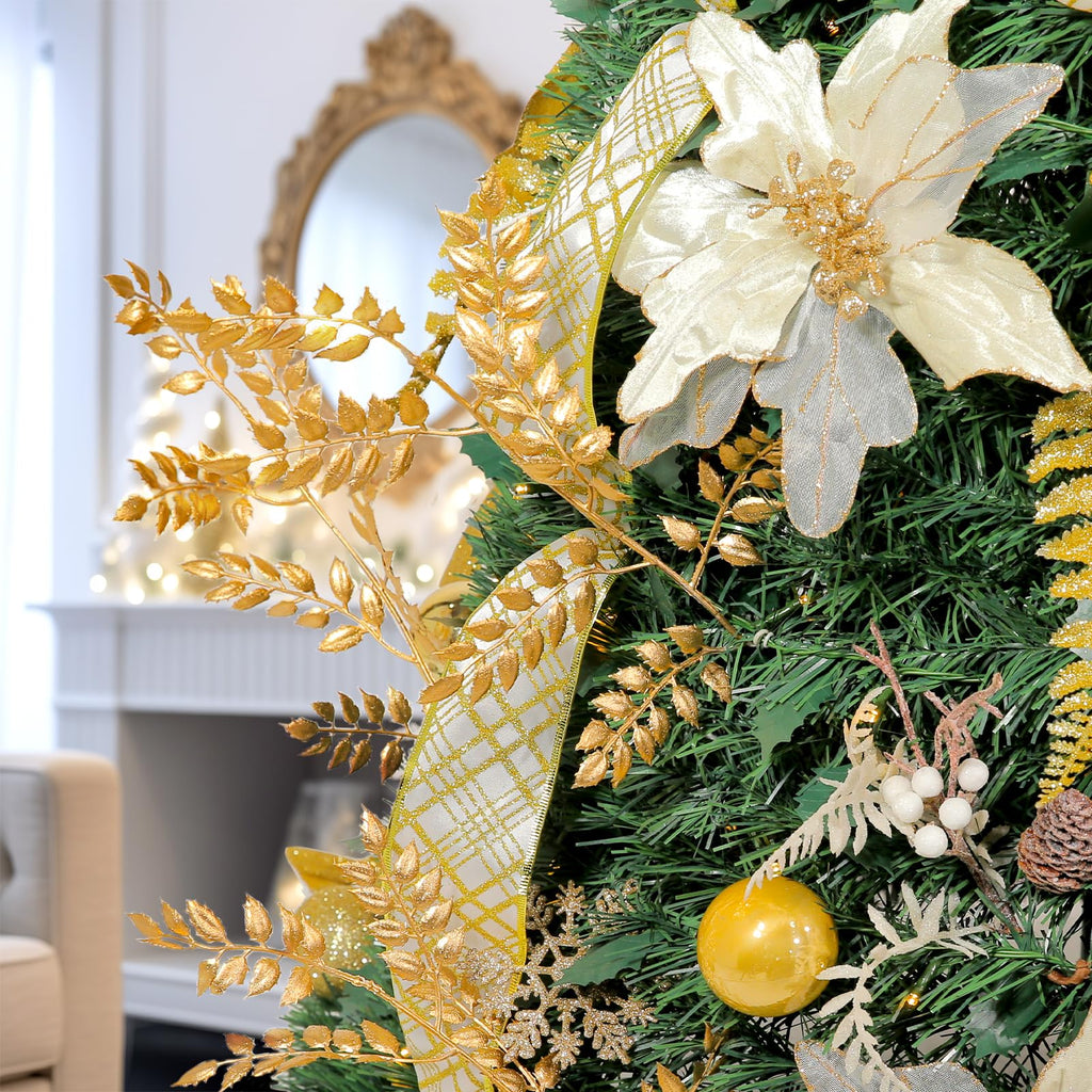 6.5 FT Gold & White Pop-Up, Pre-Lit and Fully Decorated, Fire-Resistant Collapsible Outdoor Indoor Holiday Party