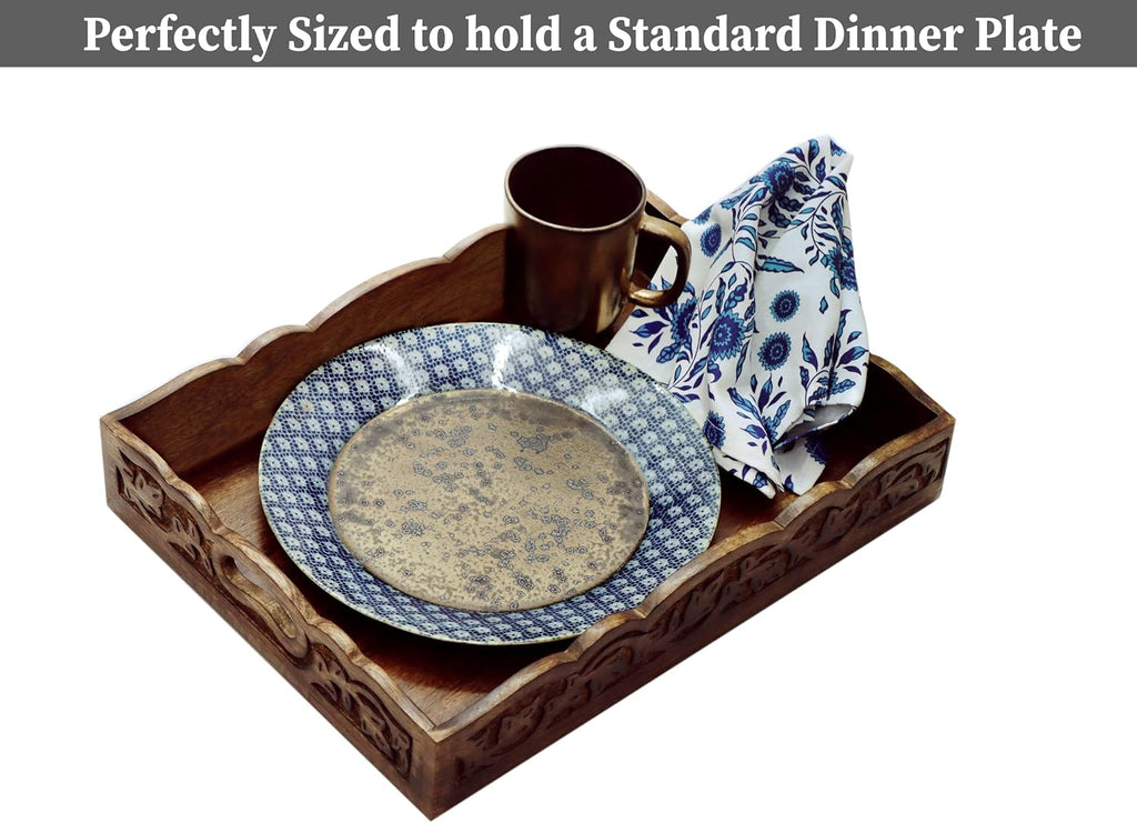 Hand Carved Wooden Serving Tray - Decorative Breakfast Tray with Handles - Rustic Wooden Food Tray with Intricate