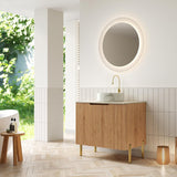 30-Inch Bathroom Vanity with Sink, Freestanding Modern Cabinet with Ceramic Basin, Soft-Closing Double Doors, Travertine-Pattern Sintered Stone Countertop, Natural Wood Finish