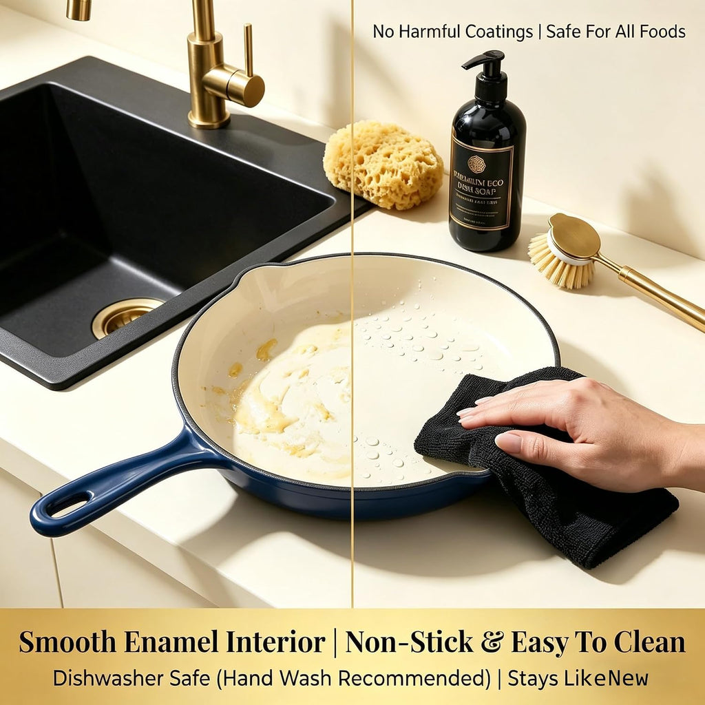 5-Piece Navy Blue Enameled Cast Iron Cookware Set | Includes 8" frying pan, 10" skillet, 2.8QT and 3.5QT Dutch ovens