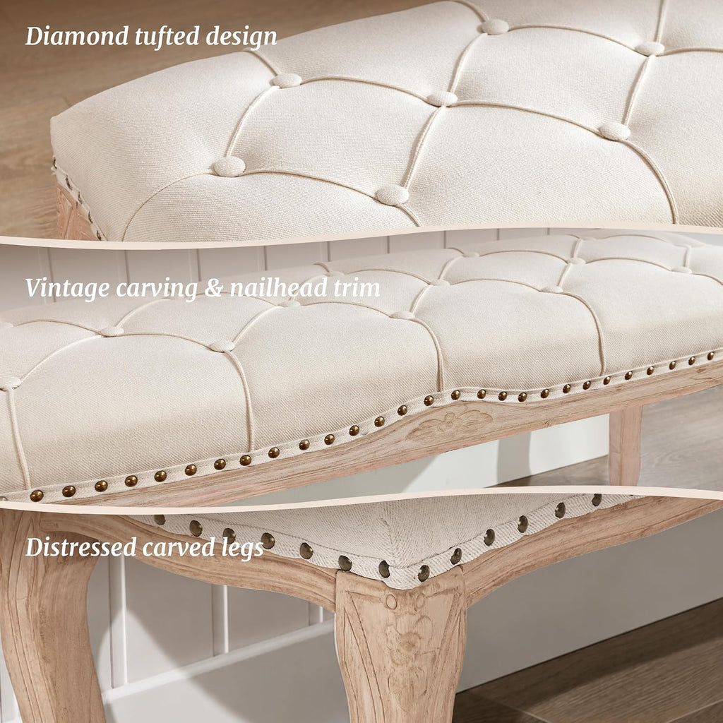 Bedroom Bench, French Vintage Tufted Entryway Bench, 45.2" Carving Upholstered End of Bed Bench with Distressed Wood