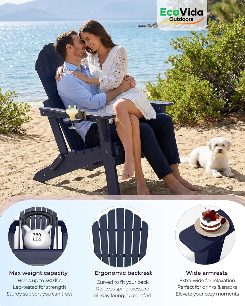 HDPE Folding Adirondack Chairs Set of 2 with Table, Navy | 3-Piece HDPE Patio Furniture Set, All Weather Fire Pit