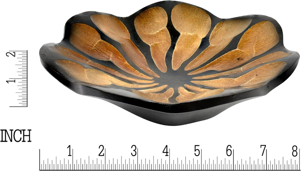 8-Inch Mango Wood Lotus Blossom Plate Tray | Decorative Carved Wooden Bowl for Tabletop, Entryway or Kitchen | Rustic