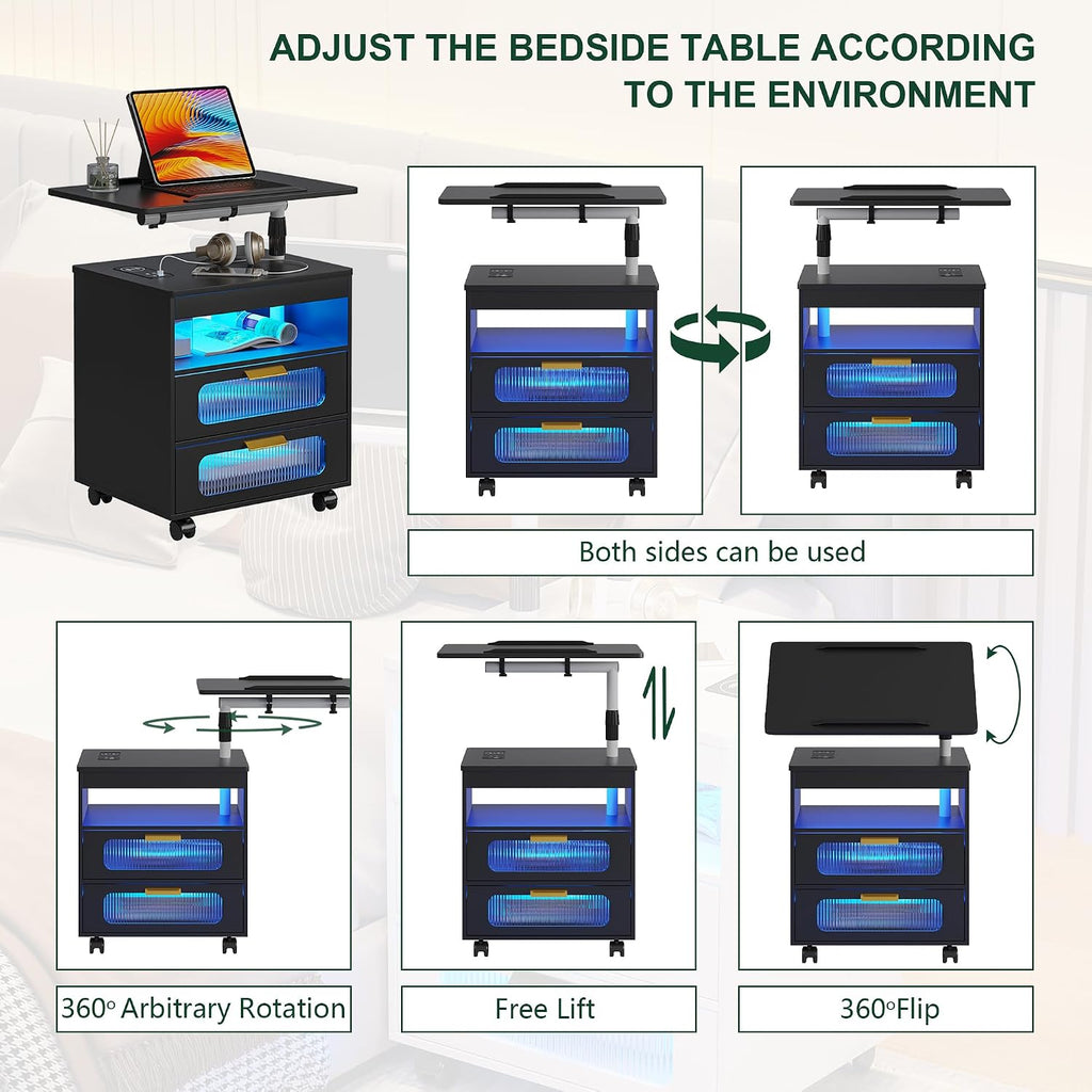 Nightstand with Wireless Charging Station, LED Nightstand Has Adjustable Rotary Workstation,Smart Night Stand with 2