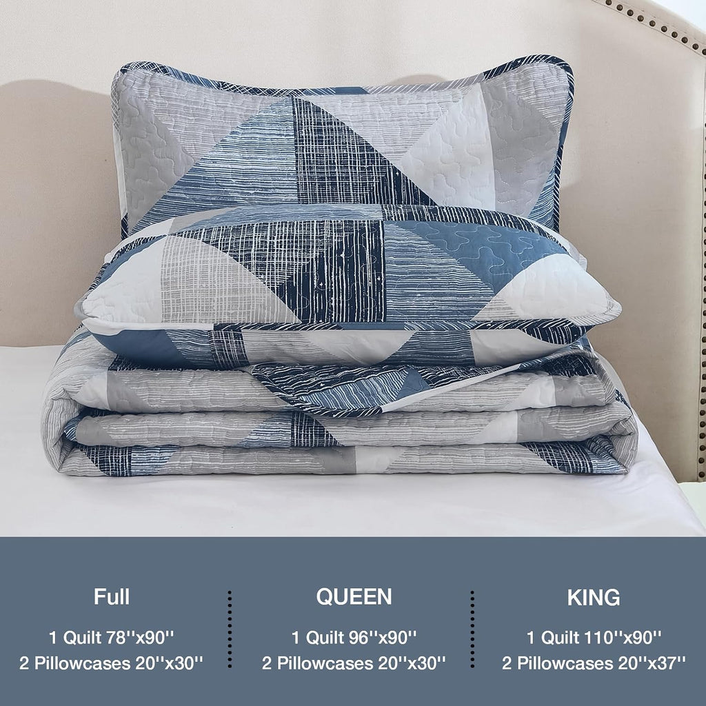 Quilt Queen Blue, 3 Pieces Patchwork Bedspread Bedding for Queen Bed, Soft Lightweight Microfiber Geometric Coverlet