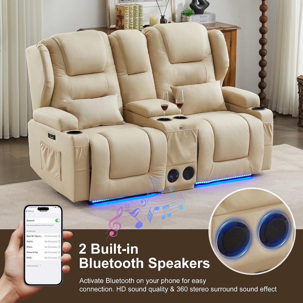 RV Power Loveseat Recliner Sofa, Leathaire Fabric Wall Hugger Reclining Loveseat with Console and Cup Holders