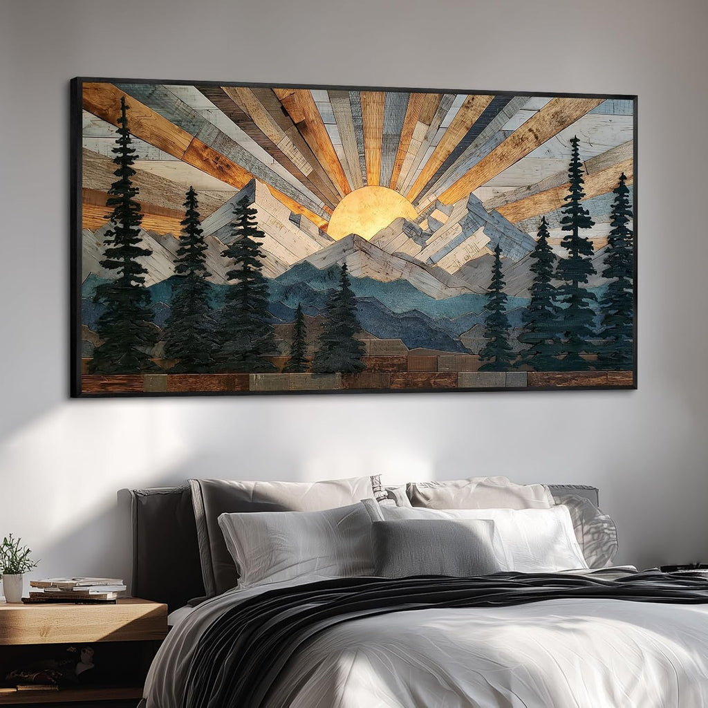 Boho Mountain Framed Wall Art Sunrise Pine Tree Forest Nature Scenery Painting Pictures Farmhouse Wall Decor Rustic