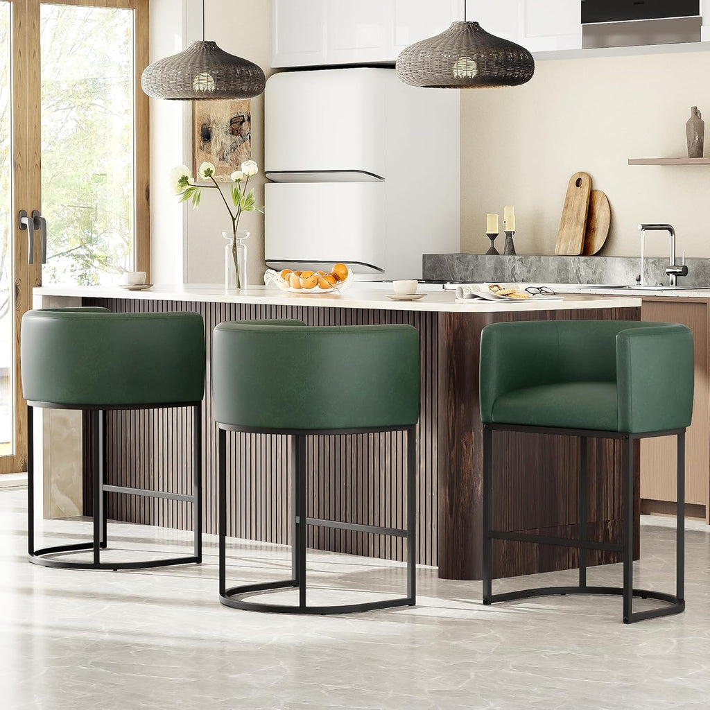 26" H Counter Height Bar Stools Set of 4, Modern Barrel Counter Stools with Backrest and Arms, Faux Leather