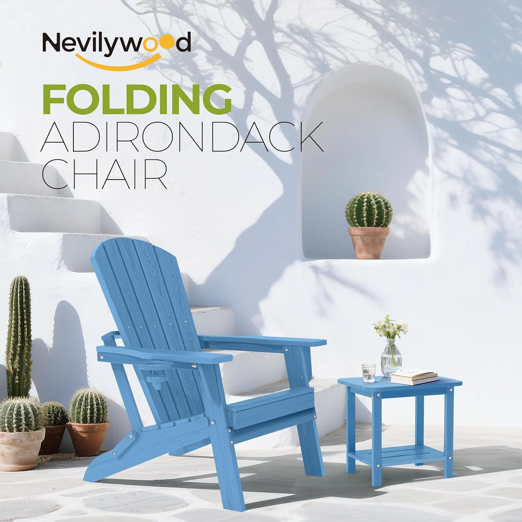 Folding Adirondack Chairs Set of 2, HDPE Cup Holders, Light Blue | Patent pinless folding design, 380lbs, Extended