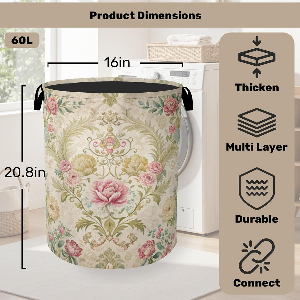 Shabby Chic Rose Laundry Basket with Handles - Extra Large Foldable Hamper /Laundry/Bedroom/Dorm, Washable Fabric
