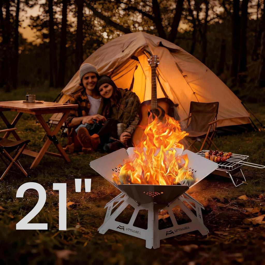 21" Portable Outdoor Fire Pit with Charcoal Grill Net & Storage Bag