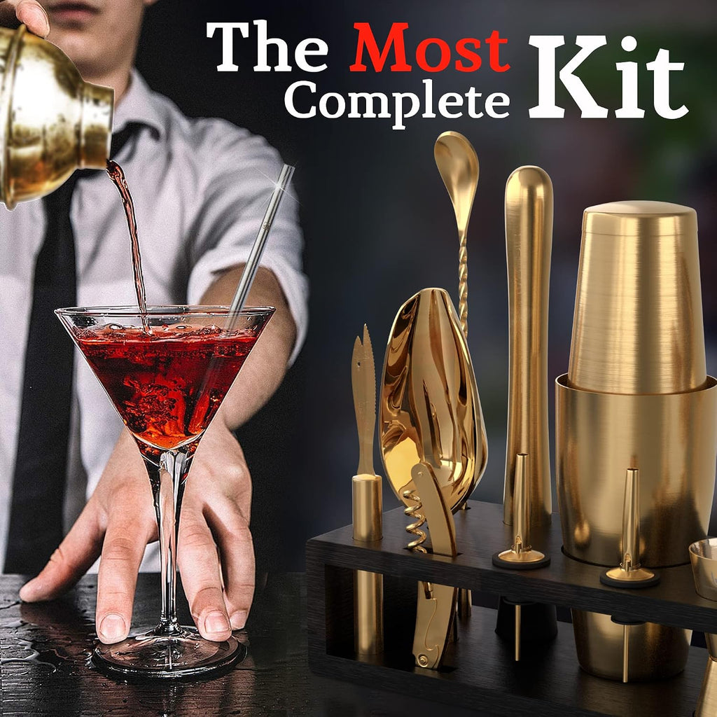 Bartender Kit with Black Bamboo Stand Beautiful Cocktail Shaker Set and Bar Tools Stainless Steel Boston Shaker