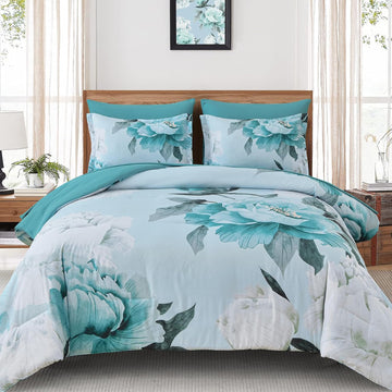 Floral Comforter Set Queen 7 Piece Bed in a Bag, Aqua Flowers Printed on Light Blue Comforter Set with Sheets, Soft - Set of 7