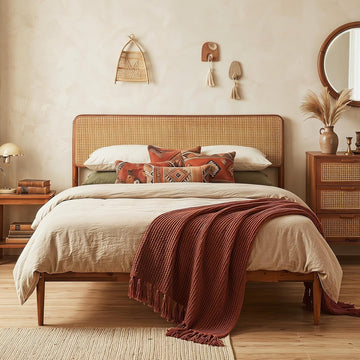 Rattan Queen Bed Frame, Boho Wood Platform Bed with Wicker Headboard, Wooden Mattress Foundation & Support Slats